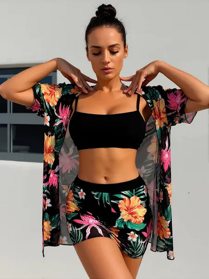 High-Waisted 3-Piece With Print, Multi-Color Mesh