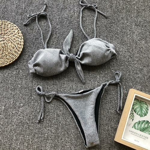 Nouvel ensemble de bikini deux pièces taille basse imprimé nœud