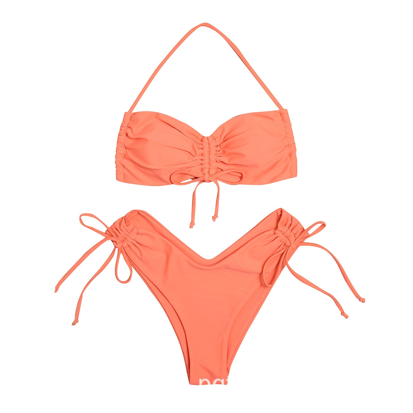 Halter Open Back Lace-Up Drawstring Ruffled Solid Color Split Swimsuit