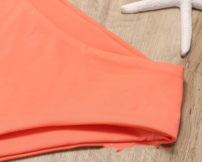 Halter Open Back Lace-Up Drawstring Ruffled Solid Color Split Swimsuit