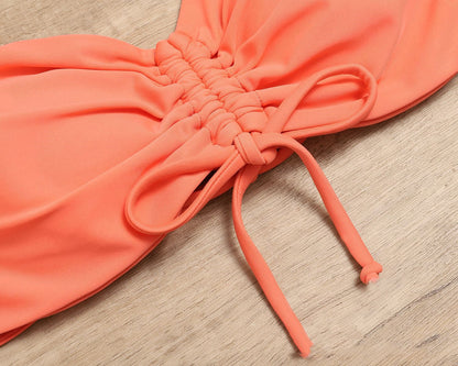 Halter Open Back Lace-Up Drawstring Ruffled Solid Color Split Swimsuit