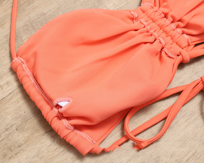 Halter Open Back Lace-Up Drawstring Ruffled Solid Color Split Swimsuit