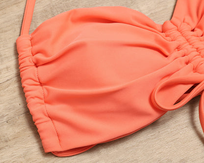 Halter Open Back Lace-Up Drawstring Ruffled Solid Color Split Swimsuit
