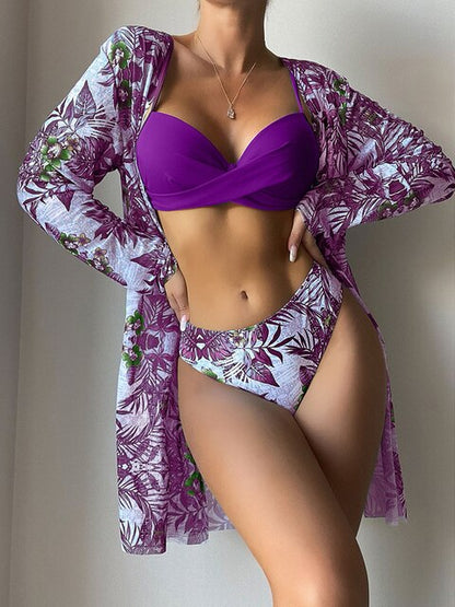 Ensemble de bikini trois pièces imprimé feuilles sexy, maillot de bain push-up 