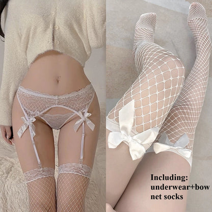 Lace Bow Garter Set — Sheer One-Piece Stocking Bodysuit