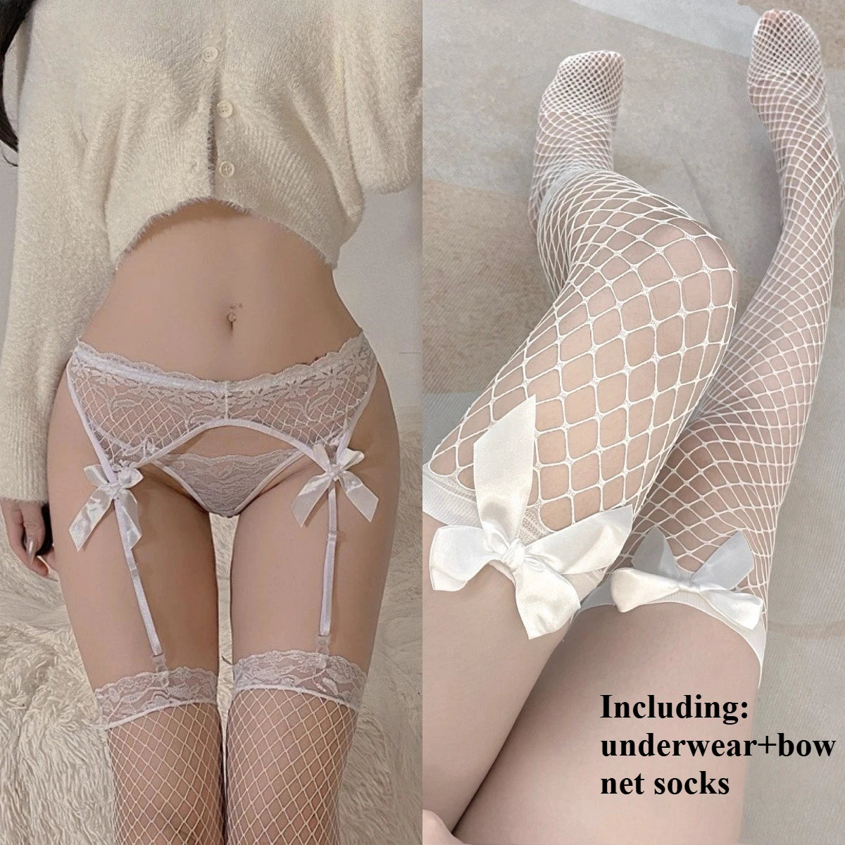 Lace Bow Garter Set — Sheer One-Piece Stocking Bodysuit