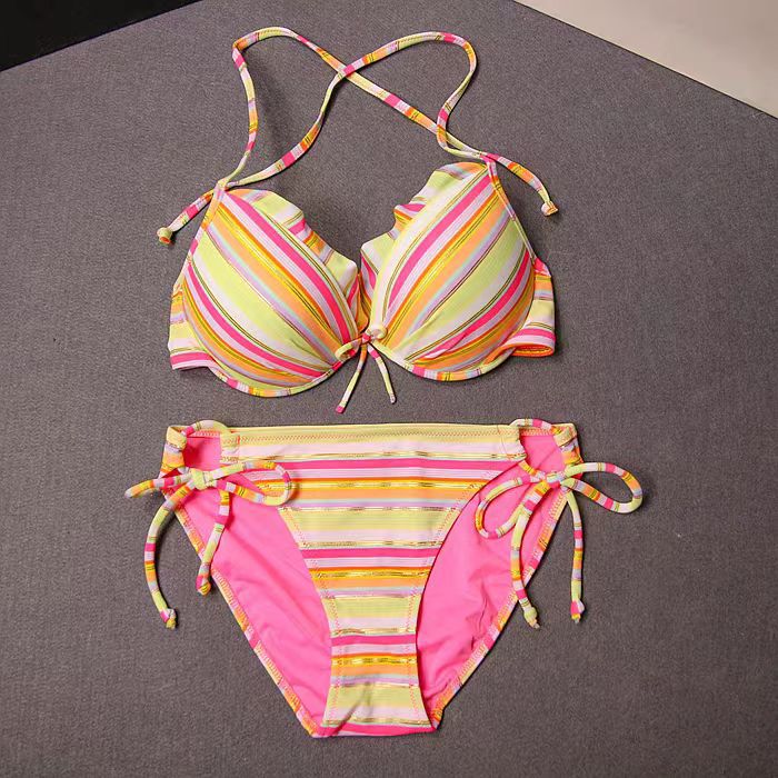 Colorful Striped Lace-up Beach Bikini Swimsuit