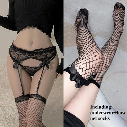 Lace Bow Garter Set — Sheer One-Piece Stocking Bodysuit