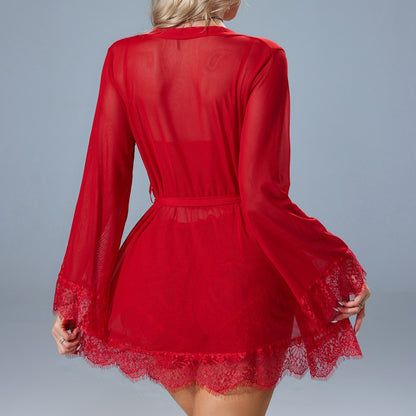 Lace-trimmed Sexy Pajamas With A Robe And Nightgown Set 3-piece Set