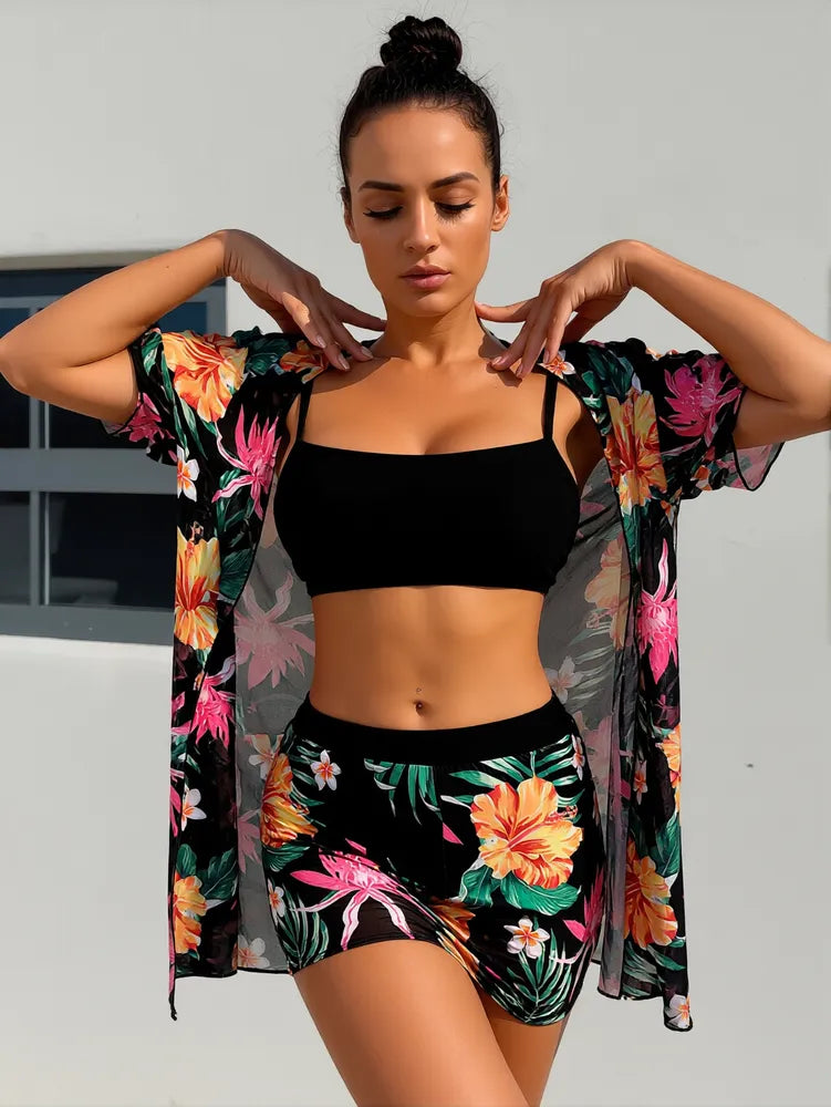 High-Waisted 3-Piece With Print, Multi-Color Mesh