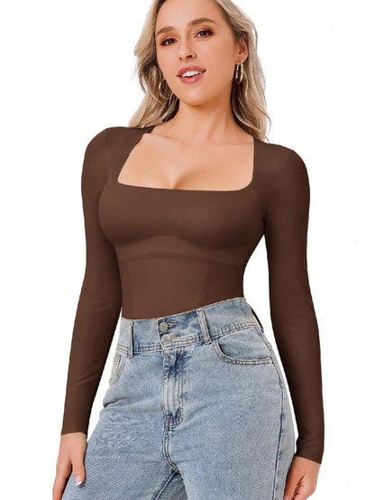 Women Long Sleeve Square Neck Tummy Shaper Bodysuit Sexy Slimming