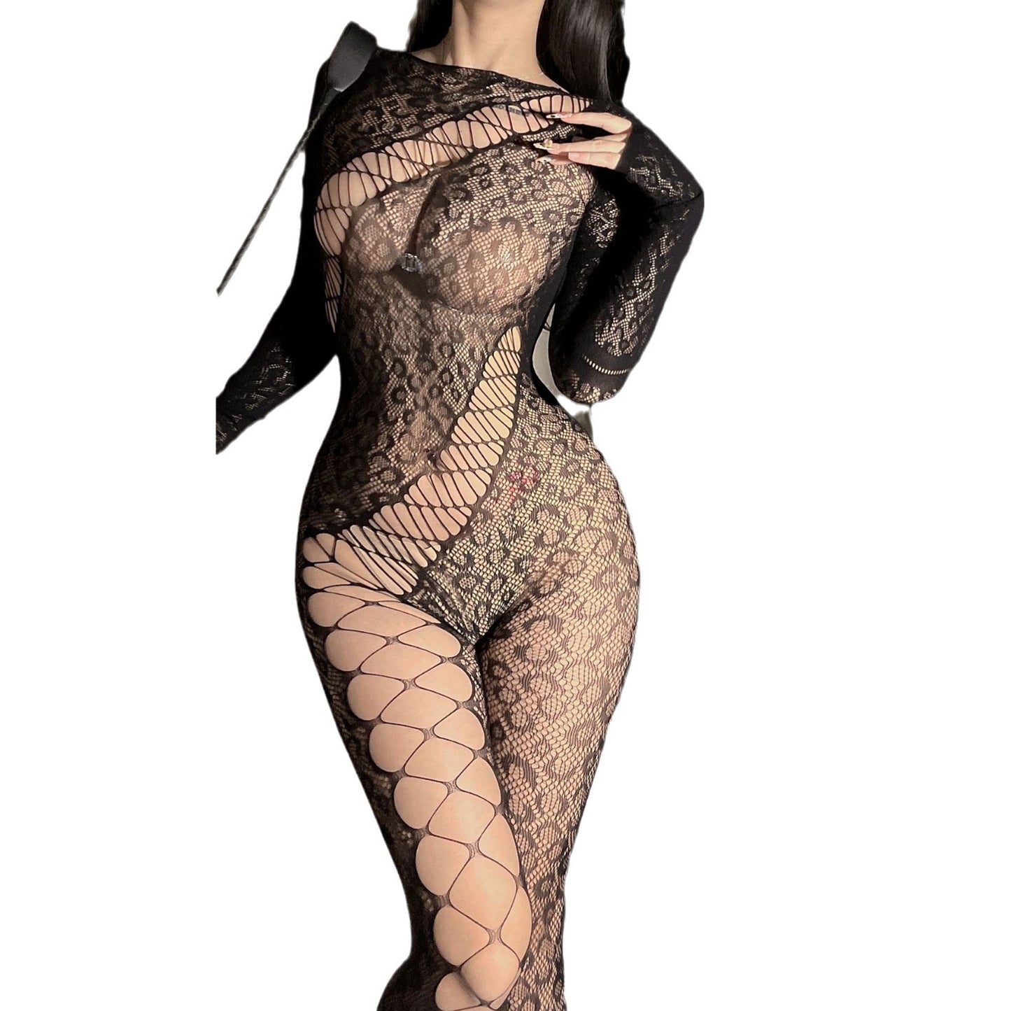 Mesh Transparent Leopard Print One-piece Stockings