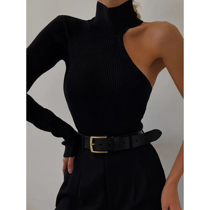 One Shoulder Ribbed Knit Long Sleeve Bodysuit