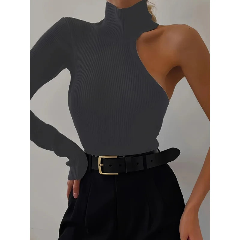 One Shoulder Ribbed Knit Long Sleeve Bodysuit