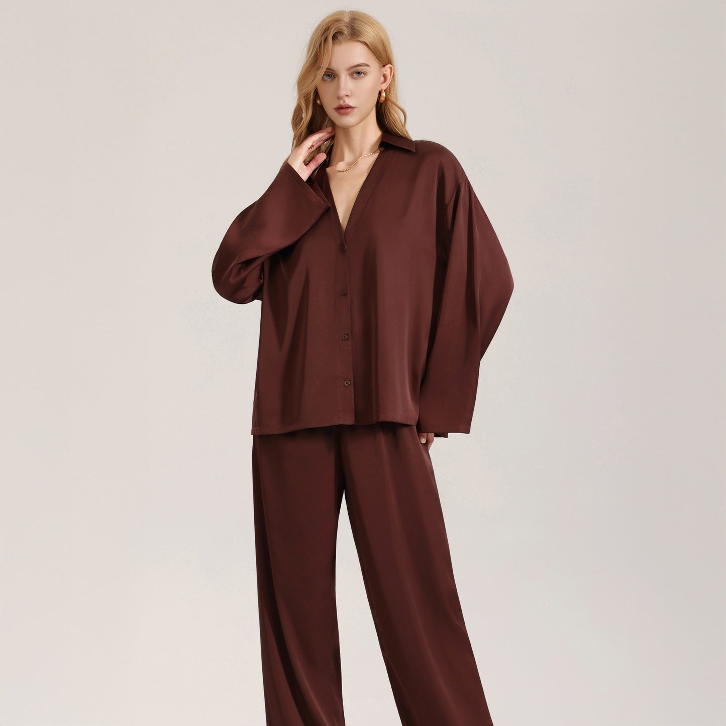 Womens Chiffon Pajamas Casual Long Sleeve Loungewear Set