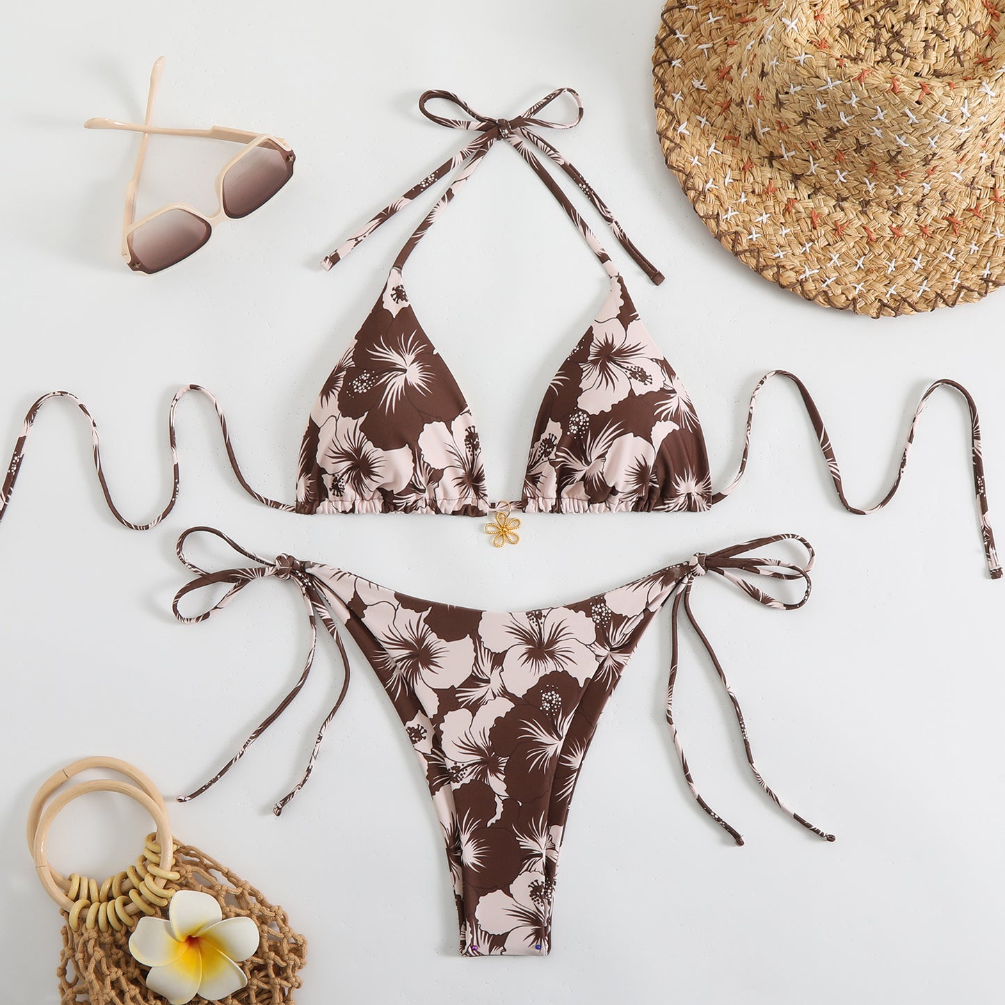Printed Tight-fitting Lace-up Open-back Two-piece Swimsuit