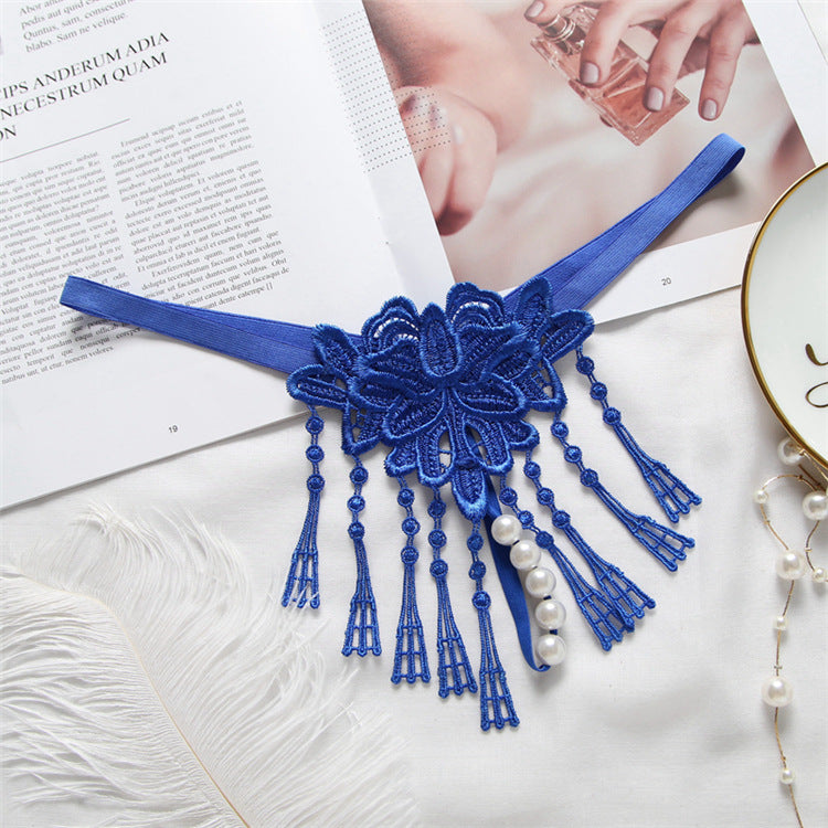 Tassel Pearl Open-end Embroidered Underwear