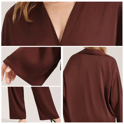 Womens Chiffon Pajamas Casual Long Sleeve Loungewear Set
