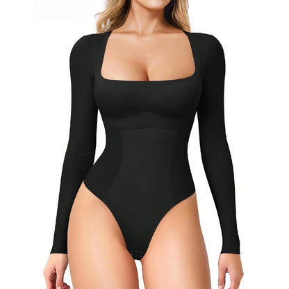 Women Long Sleeve Square Neck Tummy Shaper Bodysuit Sexy Slimming