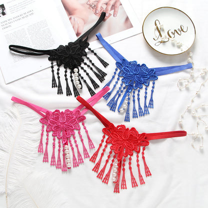 Tassel Pearl Open-end Embroidered Underwear