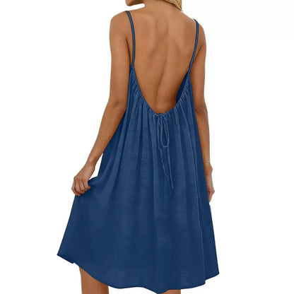 Women's Solid-Colored Strap Backless Dress