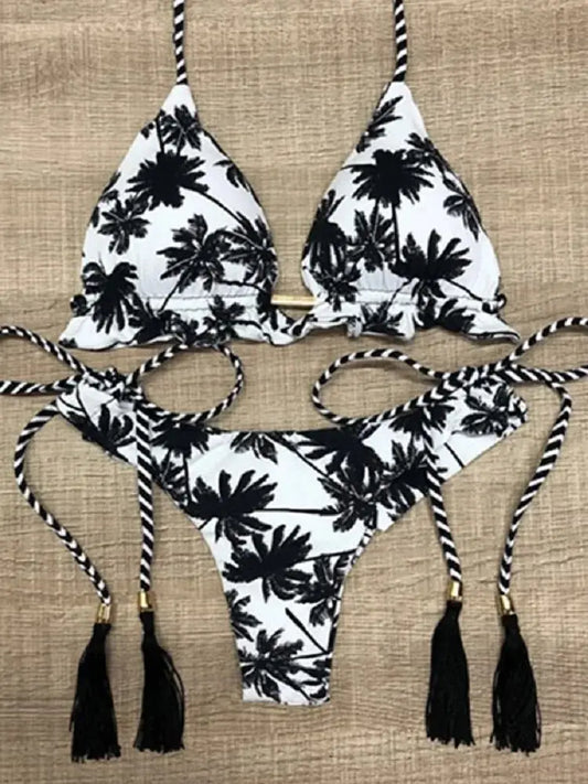 Sexy Black And White Coconut Tree Printed Bikini Sets