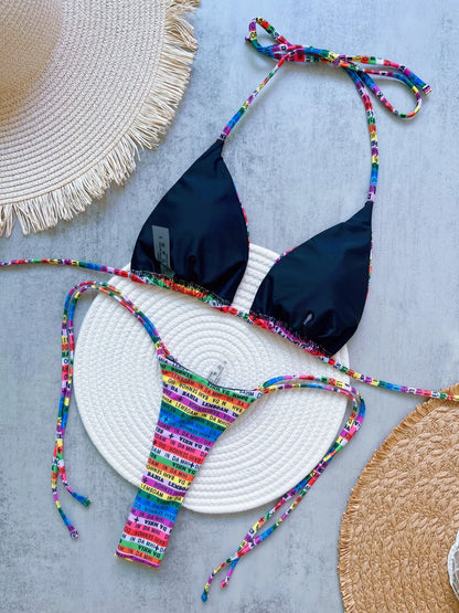 Letters Printed Colorful Mini Thong Bikini Women Swimwear