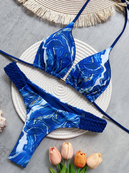 Print Halter Mini Thong High Cut Bikini Female Swimsuit