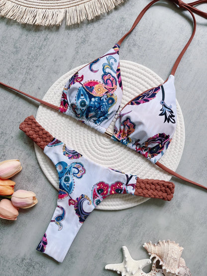 Print Halter Mini Thong High Cut Bikini Female Swimsuit