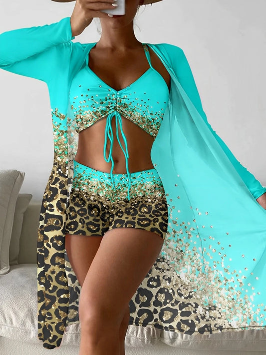 3 Pieces High Waist Bikini Printed Swimsuit Women & Kimono