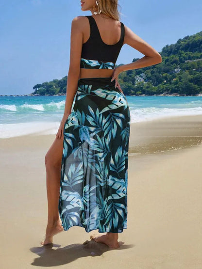 Print Three Pieces Bikini With Vent Long Skirt Swimsuit Women