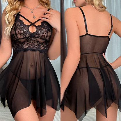 Sexy Lingerie Women Crotchless Sleepwear Pajamas Lace Night Dress