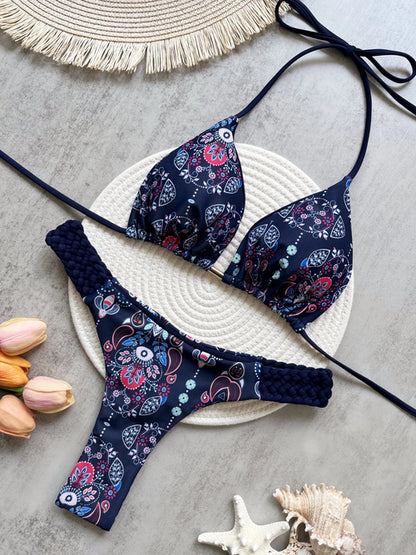 Print Halter Mini Thong High Cut Bikini Female Swimsuit