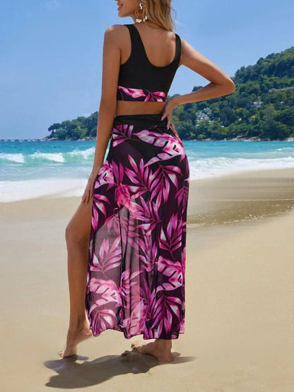 Print Three Pieces Bikini With Vent Long Skirt Swimsuit Women