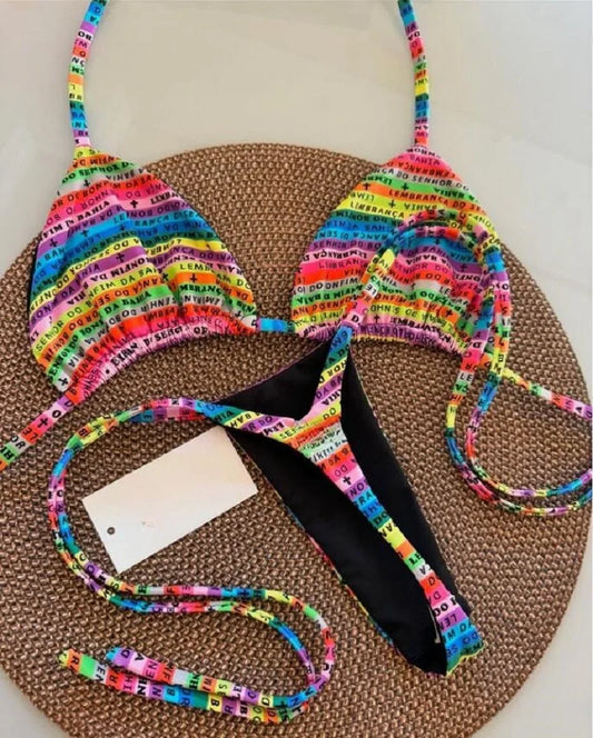Letters Printed Colorful Mini Thong Bikini Women Swimwear