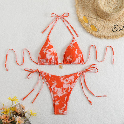 Printed Tight-fitting Lace-up Open-back Two-piece Swimsuit