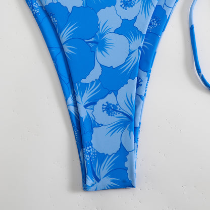 Printed Tight-fitting Lace-up Open-back Two-piece Swimsuit