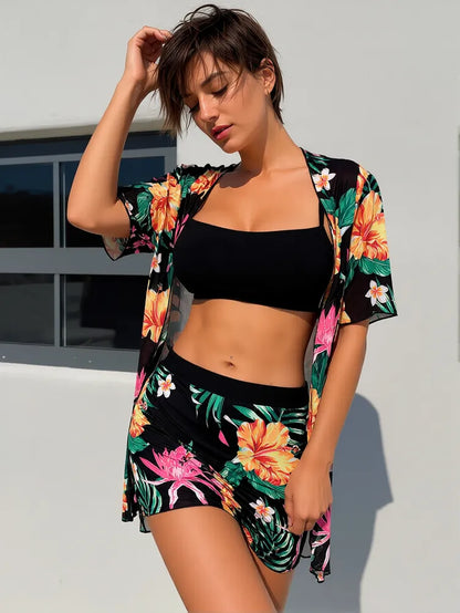 High-Waisted 3-Piece With Print, Multi-Color Mesh