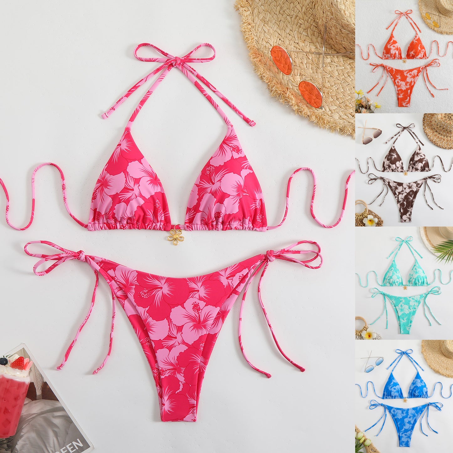 Printed Tight-fitting Lace-up Open-back Two-piece Swimsuit