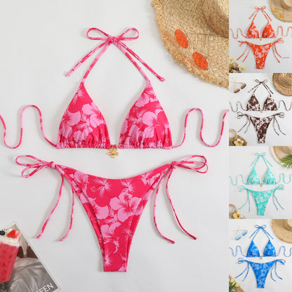 Printed Tight-fitting Lace-up Open-back Two-piece Swimsuit