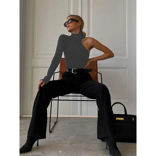 One Shoulder Ribbed Knit Long Sleeve Bodysuit