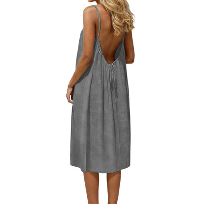 Women's Solid-Colored Strap Backless Dress
