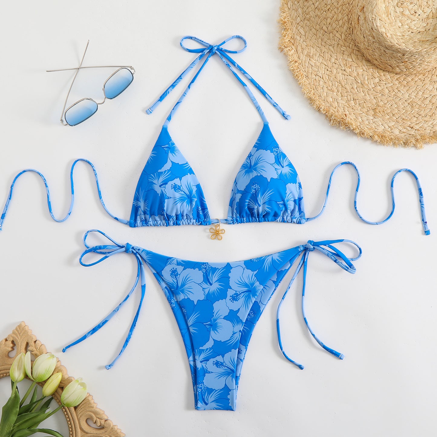 Printed Tight-fitting Lace-up Open-back Two-piece Swimsuit