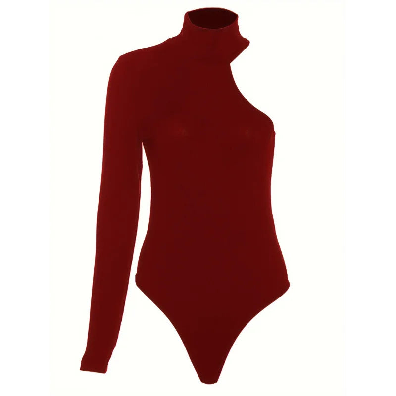 One Shoulder Ribbed Knit Long Sleeve Bodysuit