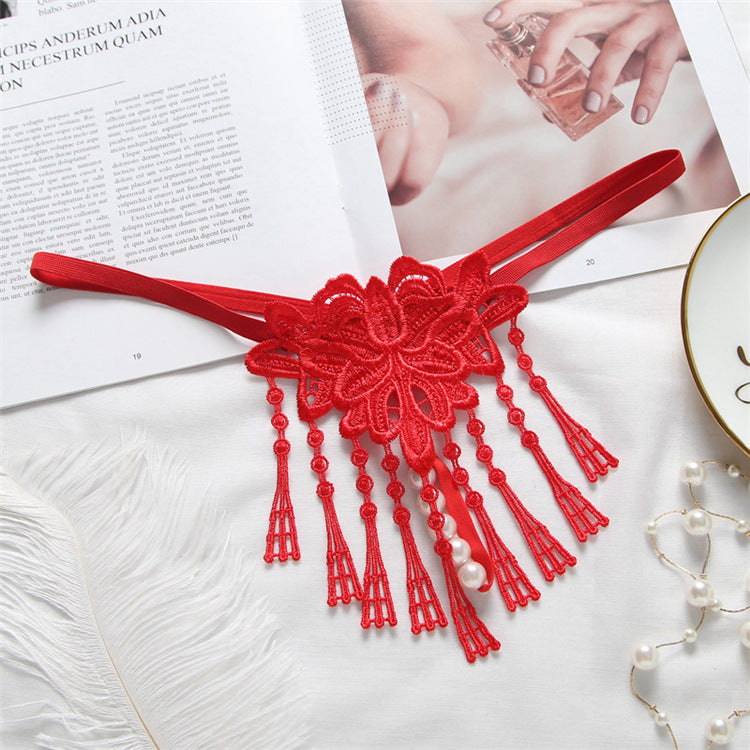 Tassel Pearl Open-end Embroidered Underwear