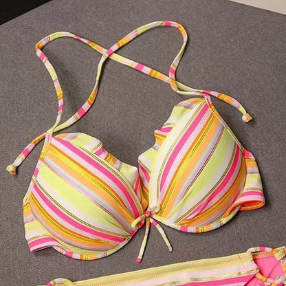 Colorful Striped Lace-up Beach Bikini Swimsuit