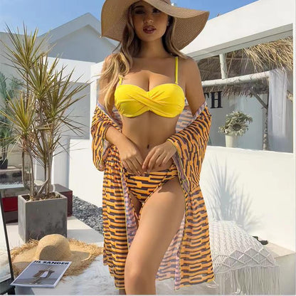 Bikini Mesh Three-piece Printed Swimsuit For Women