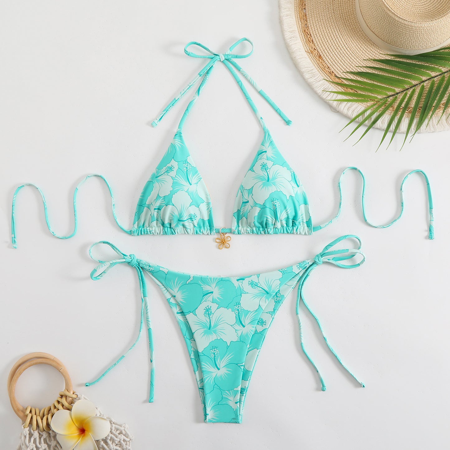 Printed Tight-fitting Lace-up Open-back Two-piece Swimsuit